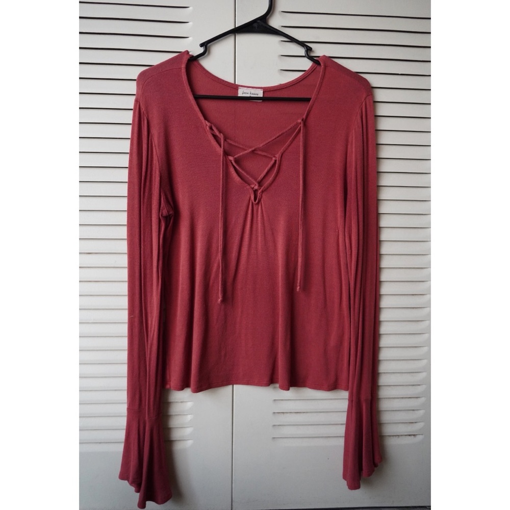 Maroon Lace-up Long Sleeve Top - Free Kisses